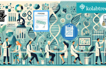 Illustration of scientists collaborating in a laboratory setting, surrounded by DNA strands, microscopes, and test tubes, representing grant writing and funding approval processes, with the Kolabtree logo featured prominently.